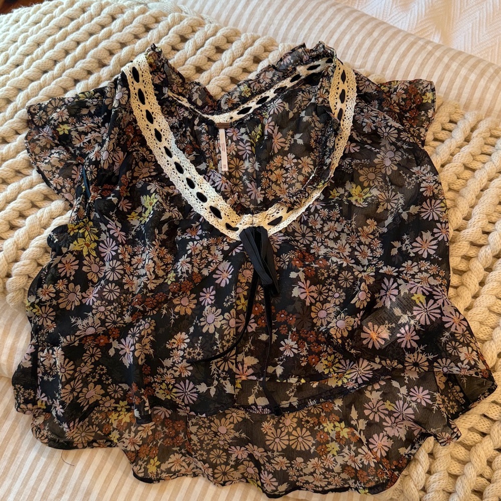 Free People Floral Sheer Blouse with Lace Trim
